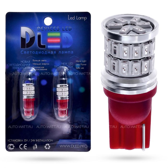 Светодиодная лампа T10 W5W – 36 SMD3014 9W Красная