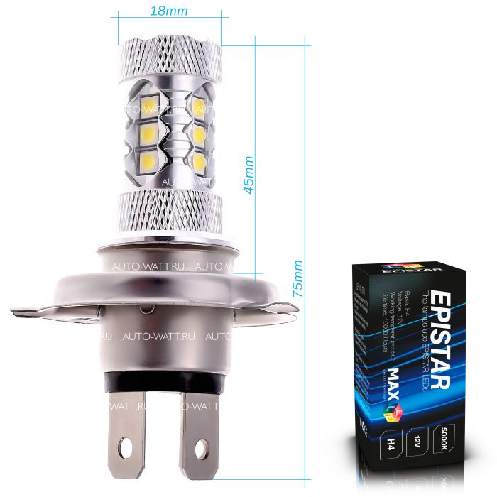 Светодиодная лампа H4 – 16 EPISTAR Линза 80W