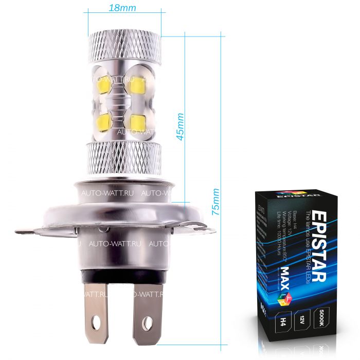Светодиодная лампа H4 – 10 EPISTAR Линза 50W