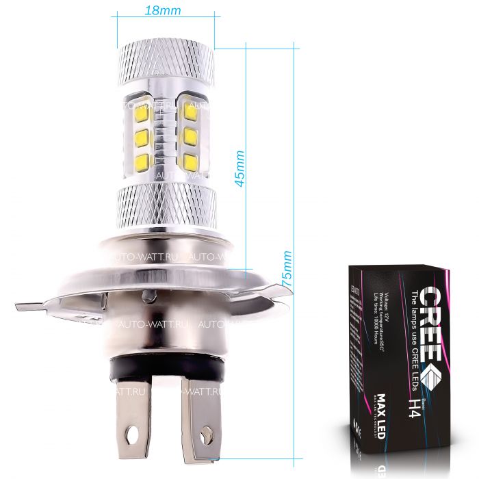 Светодиодная лампа H4 – 16 CREE Линза 80W