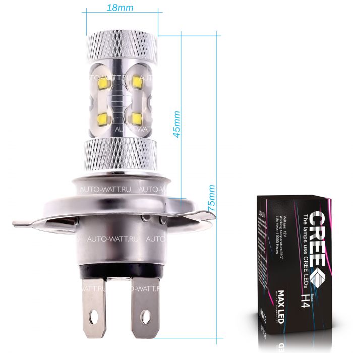 Светодиодная лампа H4 – 10 CREE Линза 50W