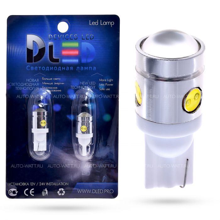Светодиодная лампа T10 W5W – 1 High-Power+3 mini High-Power 2.5W+Линза