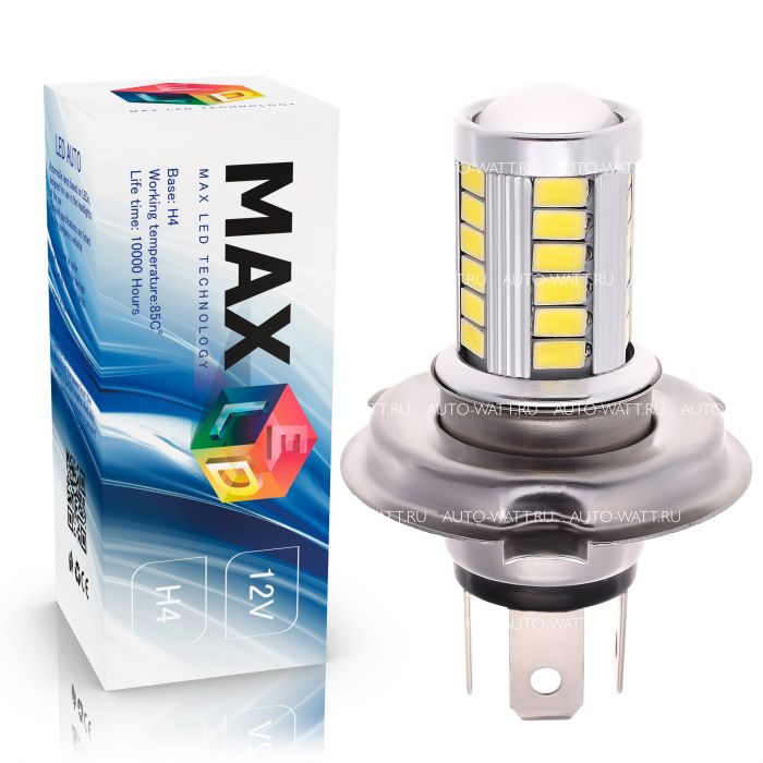 Светодиодная лампа H4 – Max-Road 33Led Линза 13W Белая